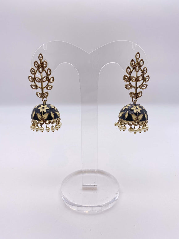 Jhumki Earrings - Black and Cream Embelishment in Kundan Stones