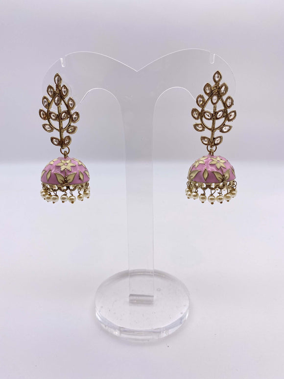 Jhumki Earrings - Kundan Stones in Baby Pinks and Cream Embelishment - Meenakari Collection