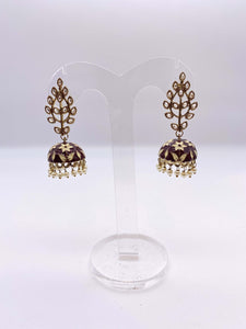 Jhumki Earrings - Burgandy and Cream Embelishment - Kundan Stones in Antique Gold Base