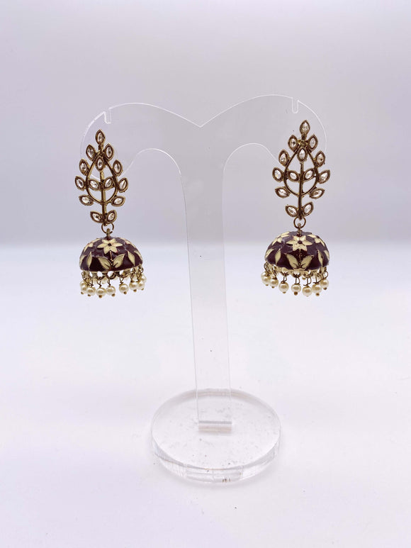 Jhumki Earrings - Burgandy and Cream Embelishment - Kundan Stones in Antique Gold Base