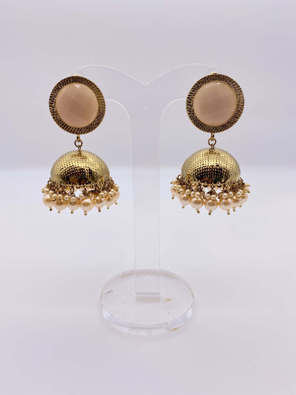 Jhumki Earrings - Gold Base and Peach Gem Stones