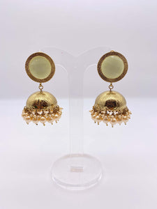 Jhumki Earrings - Gold Base with Mint Green Gems