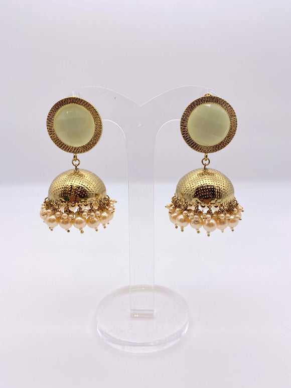 Jhumki Earrings - Gold Base with Mint Green Gems