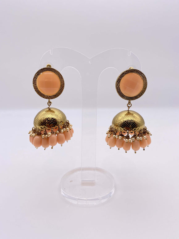 Jhumki Earrings - Peachy Orange Gems & Beads
