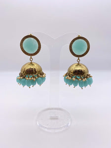 Jhumki Earrings - Light Sea Blue Gems & Beads