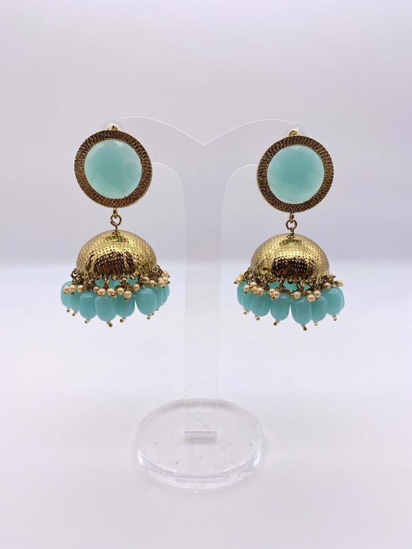 Jhumki Earrings - Light Sea Blue Gems & Beads