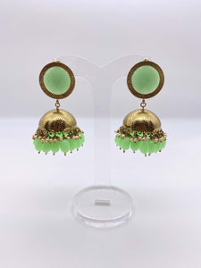 Jhumki Earrings - Gold Base and Light Green Gems