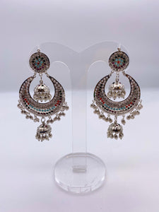 Jhumki Earrings - Multicoloured Embelishment with White Pearls