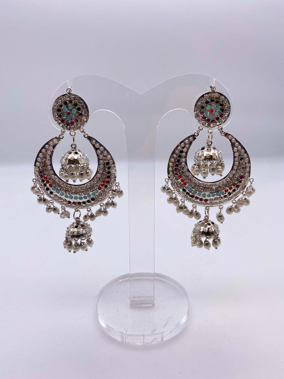 Jhumki Earrings - Multicoloured Embelishment with White Pearls