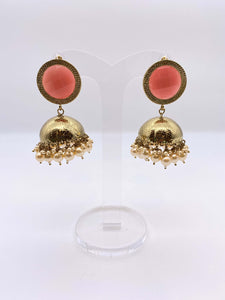 Jhumki Earrings - Peachy Pink Gems and Ivory Pearls