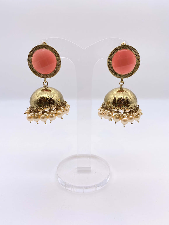 Jhumki Earrings - Peachy Pink Gems and Ivory Pearls