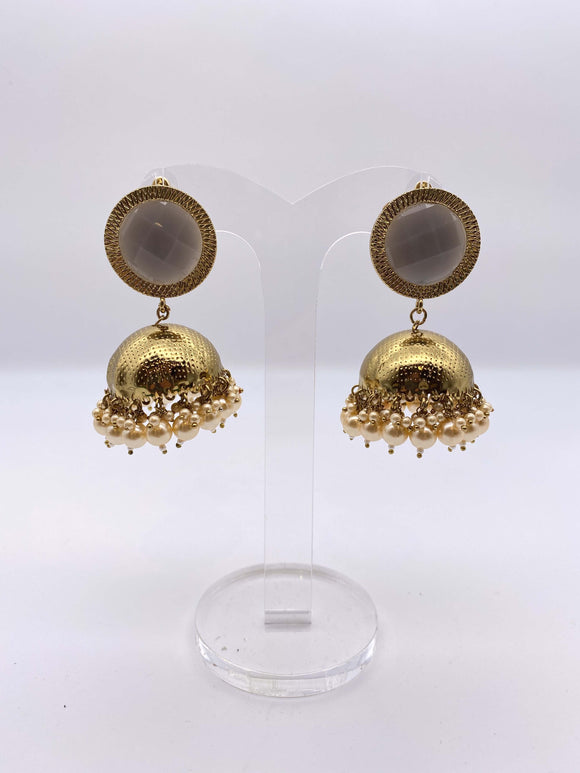 Jhumki Earrings -Gold Base Grey Gems and Ivory Pearls