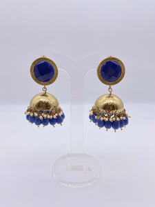 Jhumki Earrings - Royal Blue Gems and Gold Base