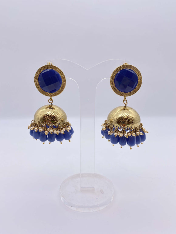 Jhumki Earrings - Royal Blue Gems and Gold Base