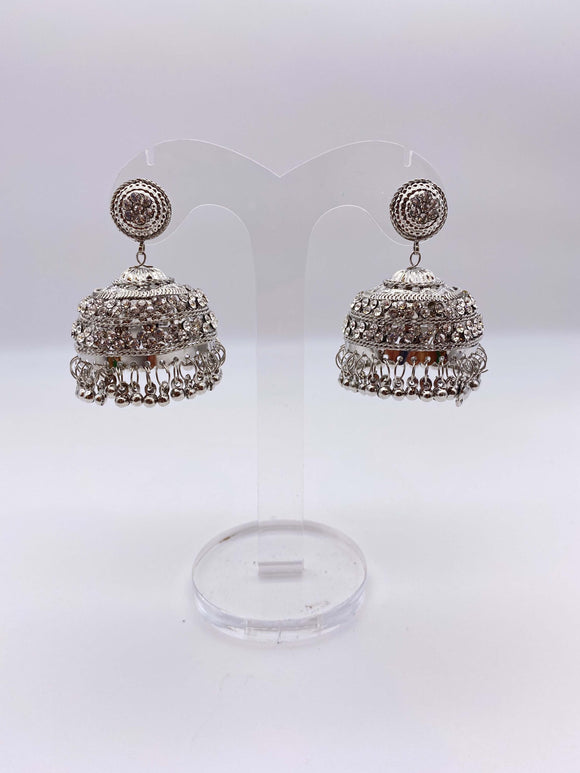Jhumki Earrings - Silver Base Stones and Small bells