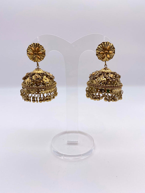 Jhumki Earrings - Antique Gold Base Stones and Small Bells