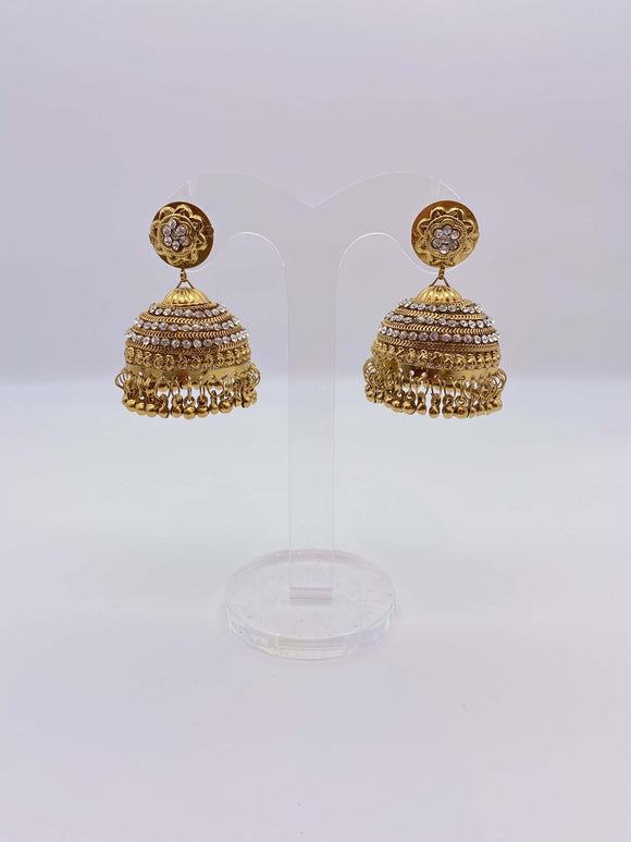 Jhumki Earrings - Gold Base and Silver Stones