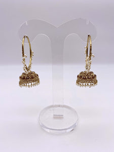 Jhumki Earrings - Ladies Sangeet Collection - Antique Gold LCT Stones with White Pearls