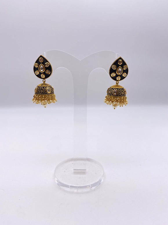 Jhumki Earrings - Matte Black Embelishment with Kundan Stones and Small Ivory Pearls in Gold Base