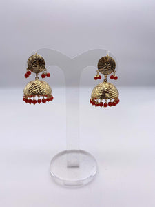 Jhumki Earrings - Gold Polish and Red Beads - Amritsari Collection