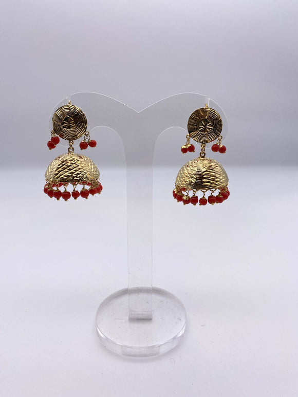 Jhumki Earrings - Gold Polish and Red Beads - Amritsari Collection