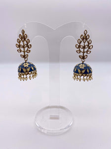 Jhumki Earrings - Navy Blue and Cream Embelishment in Kundan Stones