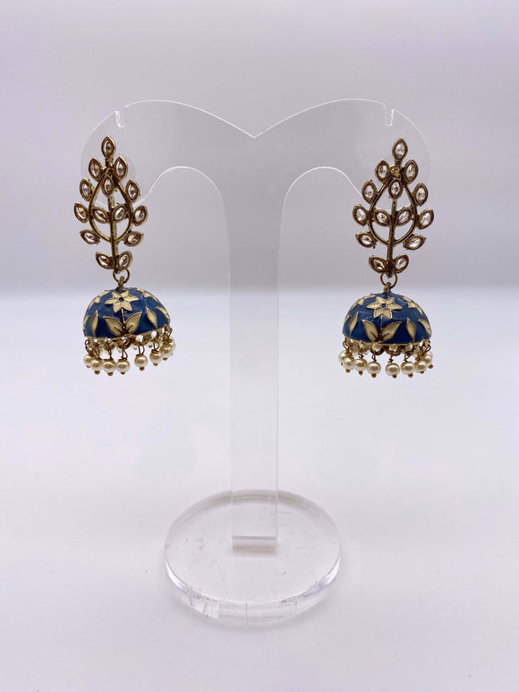 Jhumki Earrings - Navy Blue and Cream Embelishment in Kundan Stones