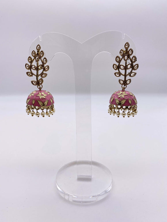 Jhumki Earrings - Barbie Pink and Cream Embelishment with Kundan Stones