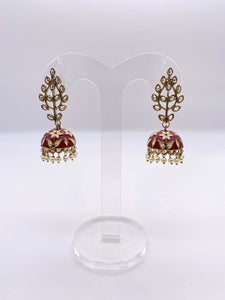 Jhumki Earrings -Meenakari Collection - Kundan Stones with Maroon and Cream Embelishment