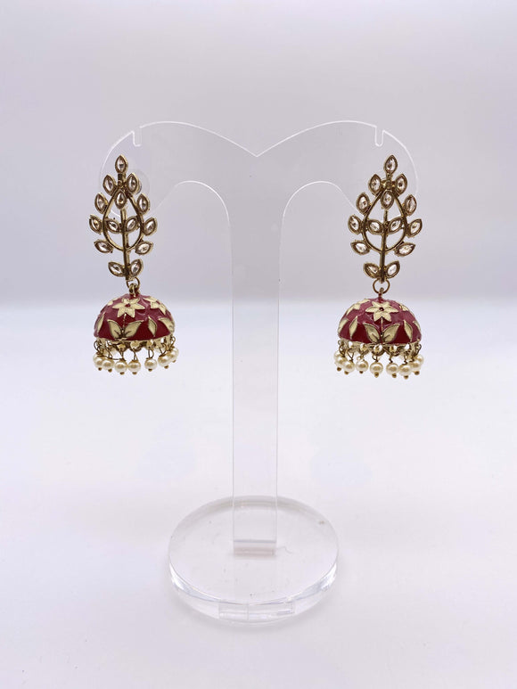 Jhumki Earrings -Meenakari Collection - Kundan Stones with Maroon and Cream Embelishment