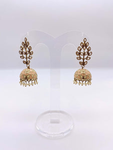 Jhumki Earrings - Light Peach and Cream Embelishment with Kundan Stones