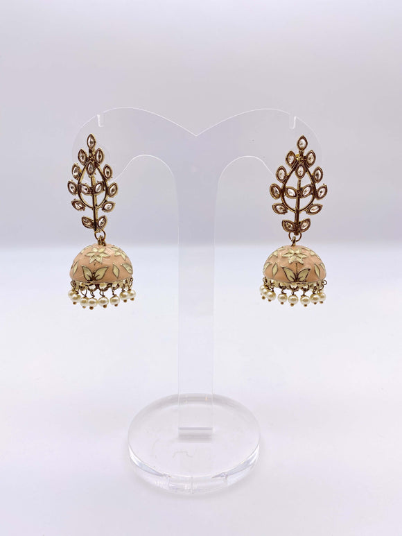 Jhumki Earrings - Light Peach and Cream Embelishment with Kundan Stones