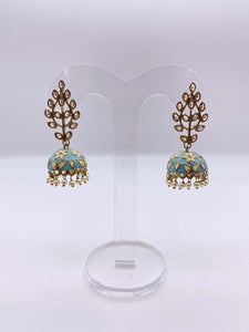 Jhumki Earrings - Baby Blue and Cream Embelishment with Ivory Peaels - Meenakari Collection