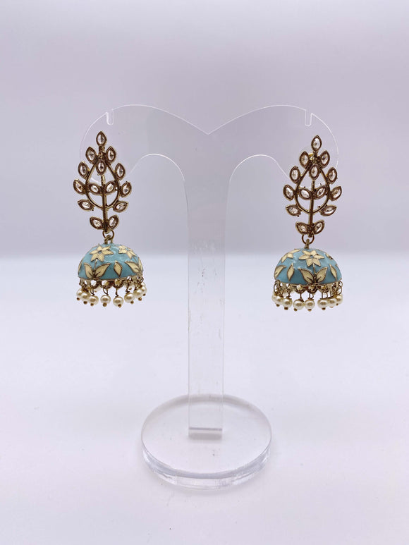 Jhumki Earrings - Baby Blue and Cream Embelishment with Ivory Peaels - Meenakari Collection