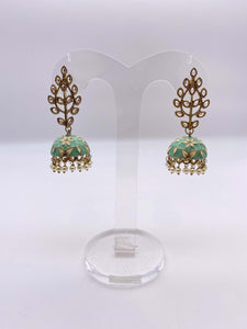 Jhumki Earrings - Kundan Stones in Light Sea Green, Aqua and Cream Embelishment - Meenakari Collection