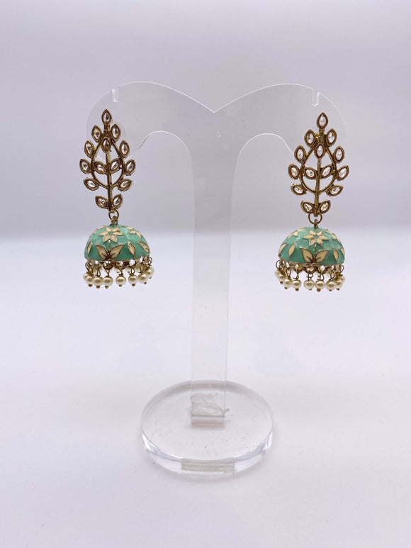 Jhumki Earrings - Kundan Stones in Light Sea Green, Aqua and Cream Embelishment - Meenakari Collection
