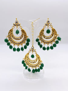 Kundan Earrings - Big Emerald Green Beads with White Pearls