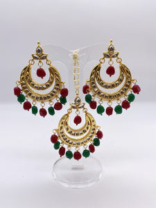 Kundan Earrings - Gold Plated Style with Big Ruby Red and Emerald Green Beads with Tikka