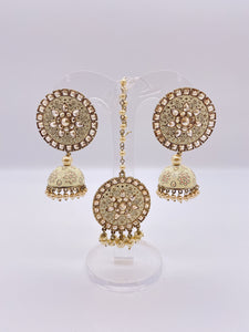 Kundan Earrings - Cream Yellow Embelishment with Ivory Pearls in Antique Gold Base