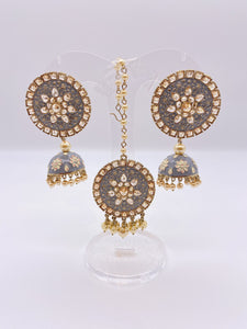 Kundan Earrings - Grey Meenakari Embelishment and Ivory Pearls with Tikka