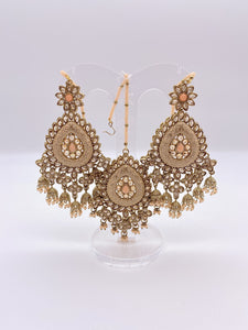 Kundan Earrings - Pastle Peach Stone Beads, Meenakari Embelishment with Tikka