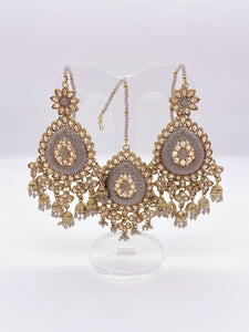 Kundan Earrings - Pastle Grey Stone Beads with Embelishment and Tikka