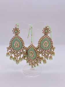 Kundan Earrings - Green Stone Beads and Meenakari Embelishment with Tikka