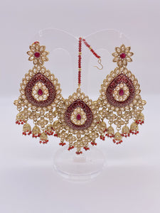 Kundan Earrings - Cherry Red Stone Beads and Meenakari Embelishment - with Tikka