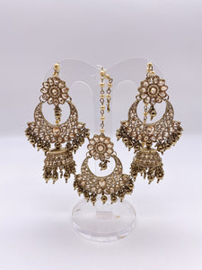 Kundan Earrings - Antique Gold Base with Ivory pearls with Tikka