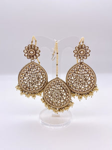 Kundan Earrings - Antique Gold Base with Ivory pearls with Tikka