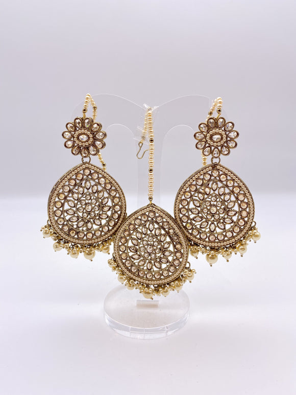 Kundan Earrings - Antique Gold Base with Ivory pearls with Tikka