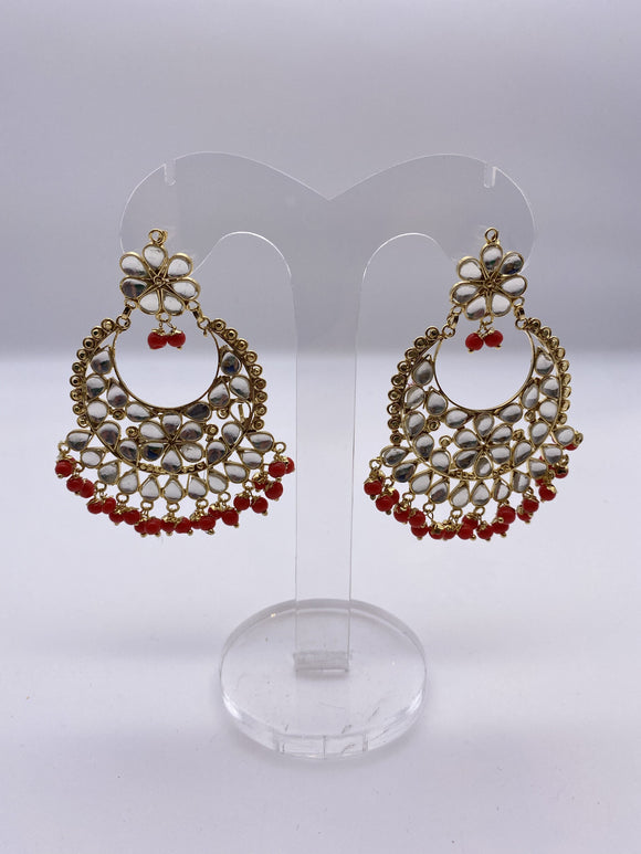 Kundan Earrings - Silver Stones and Red Beads with Tikka