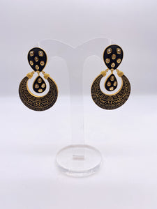 Kundan Earrings - Matte Black Coat with Gold Meenakari Embelishment with Kundan Stones and Ivory Pearls