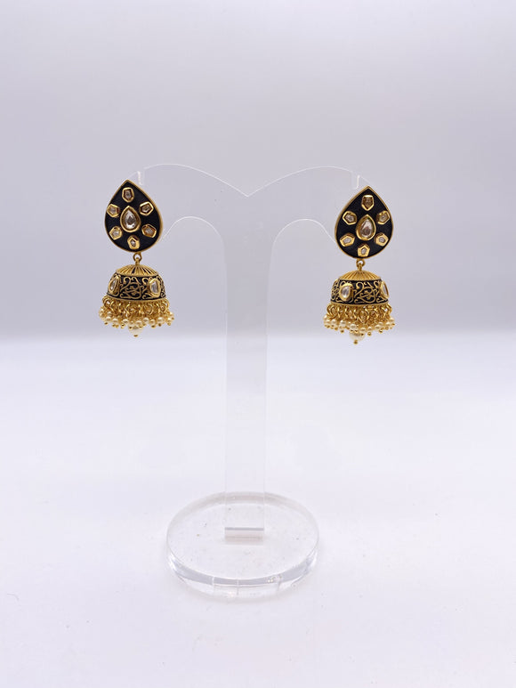 Kundan Earrings - Matte Black Coat with Gold Meenakari Embelishment with Kundan Stones